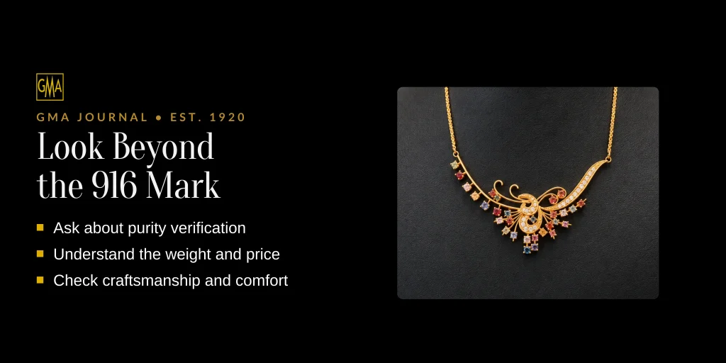 916 gold necklace set with multicoloured gemstones, with tips for buying gold jewellery: check purity verification, weight and price, and craftsmanship